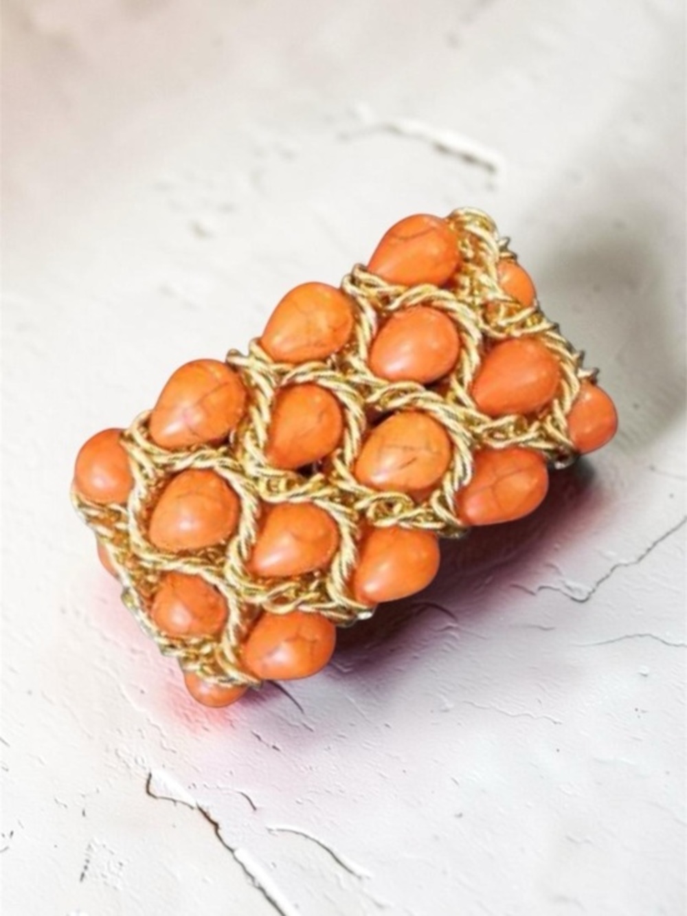 Vintage 80s Style Crackle Orange Teardrop Stone Oversized Stretch Bracelet